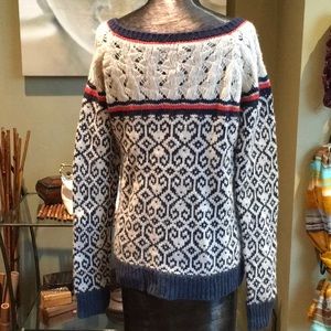 American Eagle Alpaca Wool Blend Nordic Fair Isle Knit Sweater Navy Cream